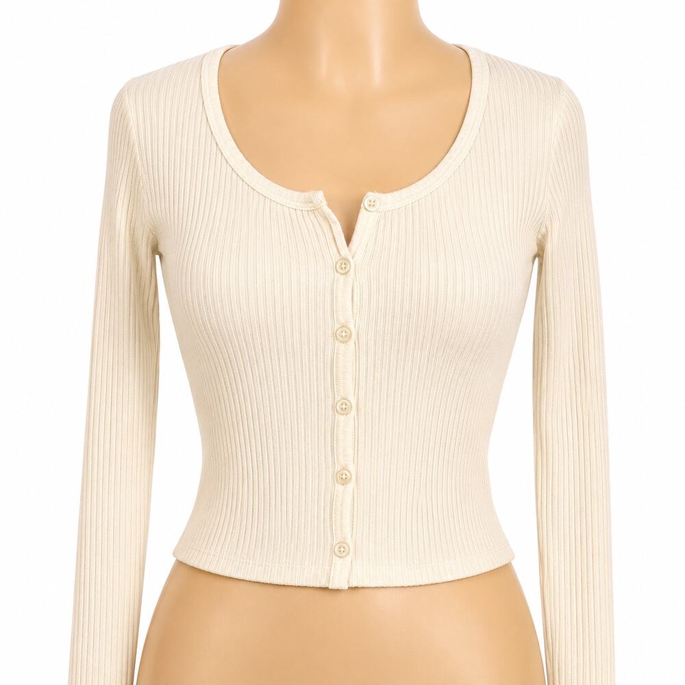 Brandy Melville Ribbed Button Front Cardigan Cream Cotton Blend Women’s One Size
